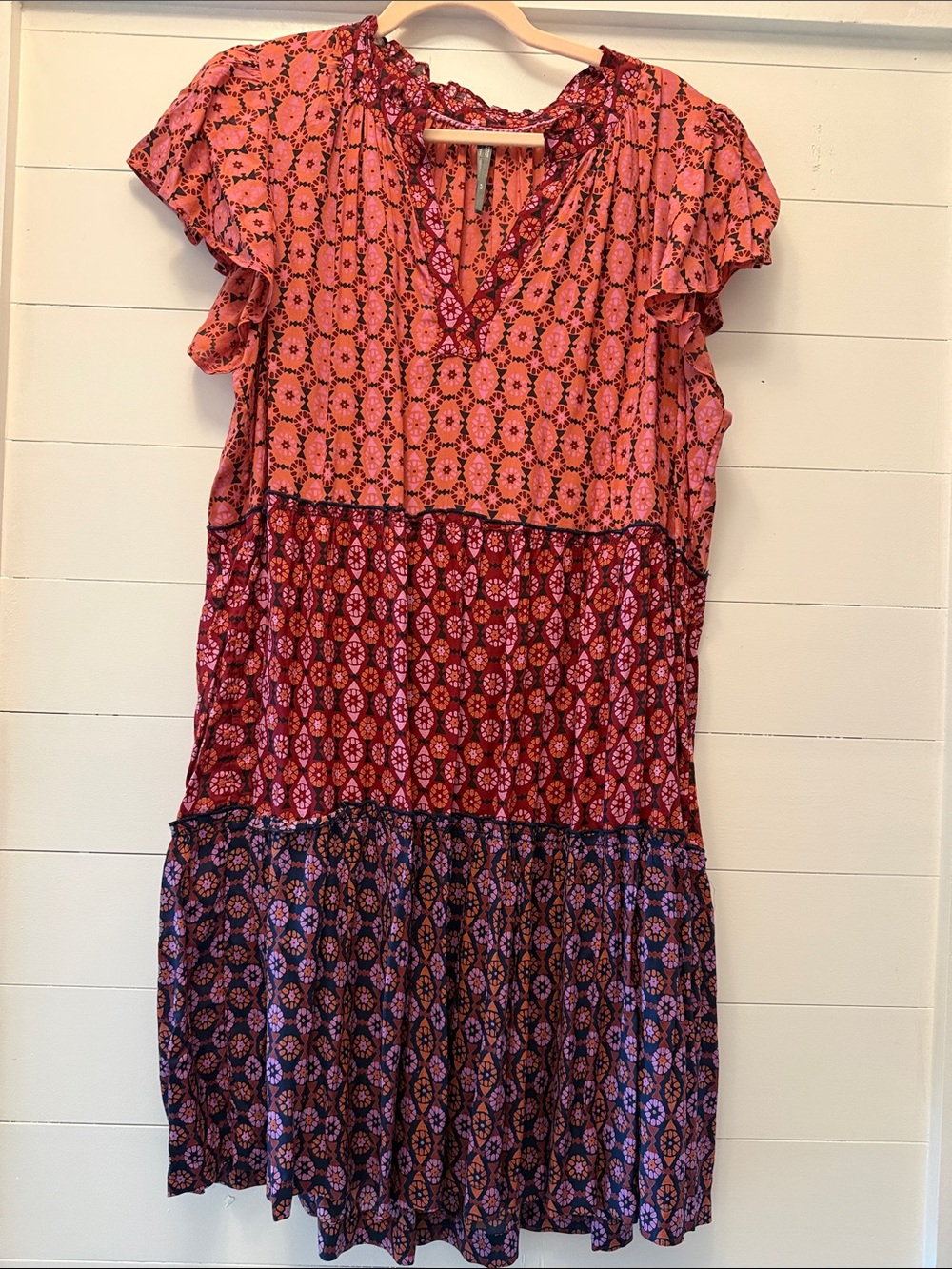 Anthropologie Pink, Red and Blue-Purple Tiered Midi Dress